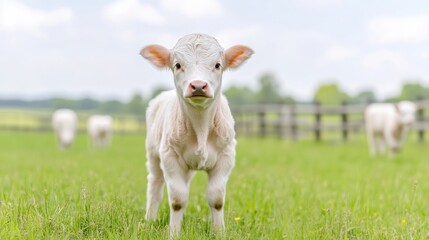 Obraz premium Adorable baby calf in a grassy field