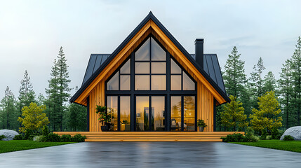 Modern A Frame House in Wooded Setting with Large Windows and Deck