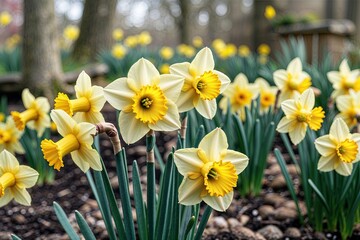 Vibrant Yellow Daffodils in a Lively Spring Garden Scene