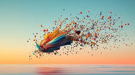 Colorful paint explosion sunset sky, ocean background, abstract art, design element