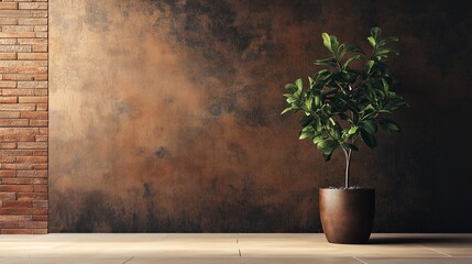 Interior design featuring a potted plant against textured wall with brick accent showcasing minimalist elegance