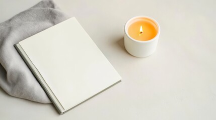 A serene flat lay featuring a blank book, a cozy cloth, and a lit candle, creating a tranquil atmosphere perfect for relaxation and contemplation.