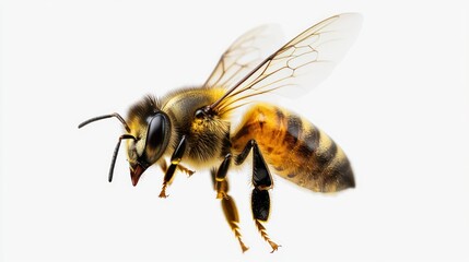 A detailed close-up of a honeybee in flight.