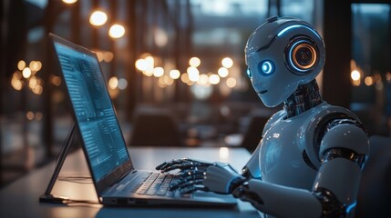 Robot coding laptop cafe night future tech