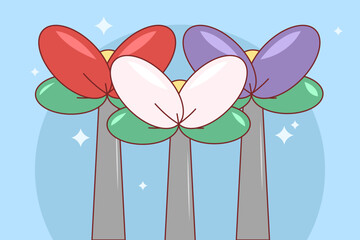 A group of three balloon flowers on silver stems, each with petals in red, purple, and white hues.