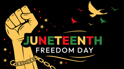 Juneteenth Freedom Day Vector Illustration – Raised Fist with Broken Chain, Birds, and African American Liberation Colors