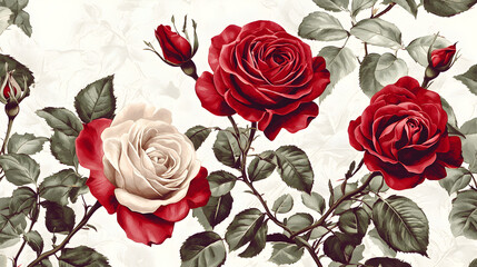 Elegant red and white roses floral pattern digital art soft background close-up view botanical beauty