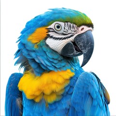 Naklejka premium Vibrant Blue and Yellow Macaw Portrait Against White Background