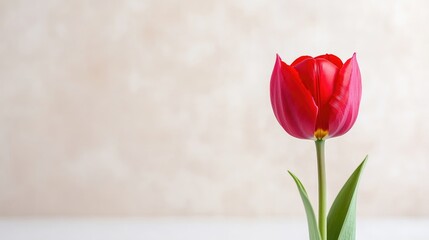 Single vibrant red tulip on a light beige background