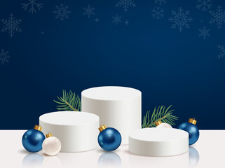 Merry Christmas banner with stage product display cylindrical shape and festive decoration in blue background for Christmas sale or advertising Blue template