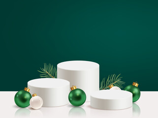 Merry Christmas banner with stage product display cylindrical shape and festive decoration in green background for Christmas sale or advertising Green template