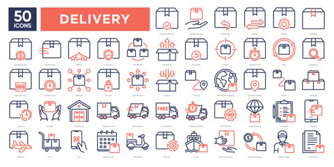 Obraz premium Delivery icons collection set, including logistics, tracking, shipping, courier services, and packaging. Perfect for e-commerce, delivery apps, infographics, and business materials.