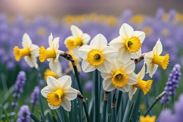 Fototapeta premium Vibrant Yellow Daffodils in a Lush Summer Meadow with Gentle Lavender Bokeh