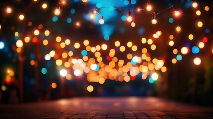 Night market bokeh lights, paved street, party background, event backdrop