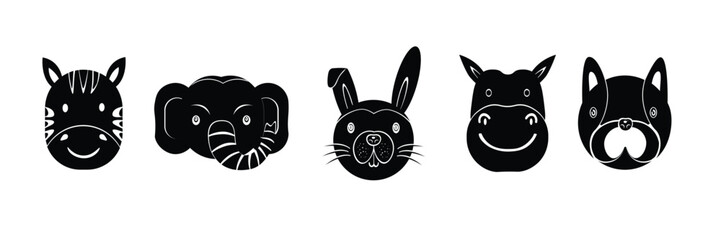 Black and White Cartoon Animal Faces Set - Zebra, Elephant, Bunny, Hippo, Dog Vector Collection