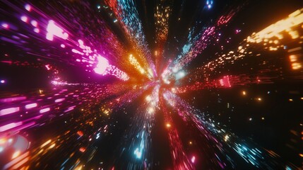 Obraz premium Neon Lights Hyperspace Tunnel: A vibrant journey through a cosmic tunnel filled with dazzling neon lights and vibrant colors.
