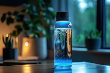 Water bottle repurposed as a plant pot, green plant sprouting inside, against a sunny window.