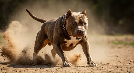 Fototapeta premium Dog Running Fast on Dirt Ground with Dust Kicking Up