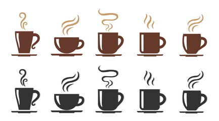 Coffee Cup Icons with Steam – Flat Brown and Black Vector Collection