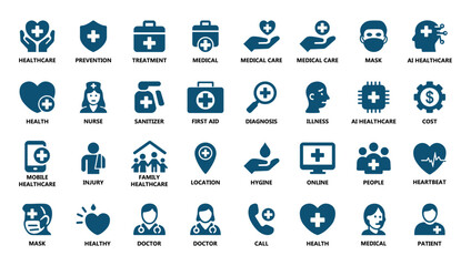 Vector set of healthcare and medical icons including doctor, treatment, AI healthcare, sanitizer, patient, diagnosis, hygiene, and more. Ideal for apps, websites, and health materials. Icons, vector.