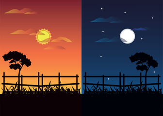 Day and night view and wooden fence visible