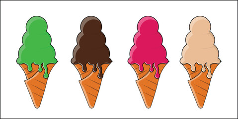 Triple Scoop Ice Cream Cone Vector Set – Bright & Dripping Style