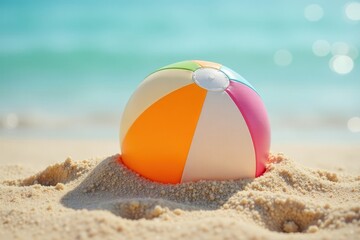 Obraz premium Deflated beach ball half-buried in fine sand by calm sea , pastel, sea