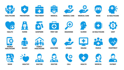 Vector set of healthcare and medical icons including doctor, treatment, AI healthcare, sanitizer, patient, diagnosis, hygiene, and more. Ideal for apps, websites, and health materials. Vector, icon.