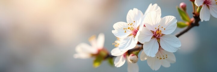 Fototapeta premium Delicate white cherry blossoms, petals unfurl, soft light , cherry, delicate petals, soft