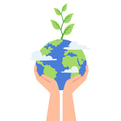 Hand Holding Earth with Green Leaves Happy Earth Day Illustration