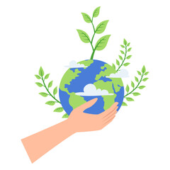 Hand Holding Earth with Green Leaves Happy Earth Day Illustration