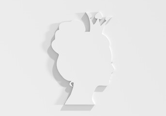 Profile view silhouette of a princess or queen. Cute girl portrait. Fashion branding emblem. 3D render