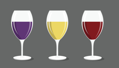 Wine Glasses Vector Illustration – Red, Purple & Yellow Wine in Elegant Glasses
