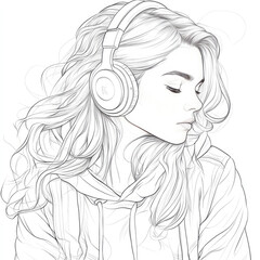 Fototapeta premium Detailed black and white line drawing of young girl in profile for music blogs,podcast sites and artistic portrait illustrations.