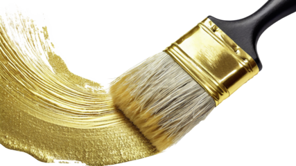Brush with golden paint isolated on transparent background. Close up.