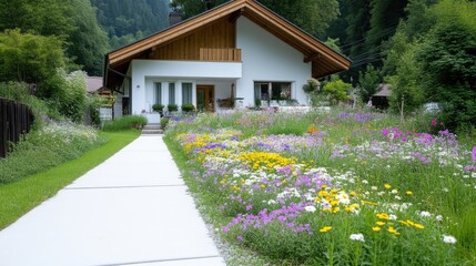 A modern home nestled in a vibrant flower garden. A pathway leads to the front entrance, surrounded by a colorful meadow of flowers