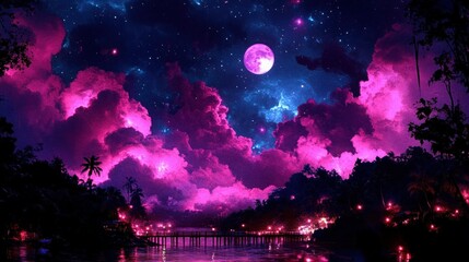 Magical, vibrant night scene with a full moon and pink clouds over a tropical lagoon
