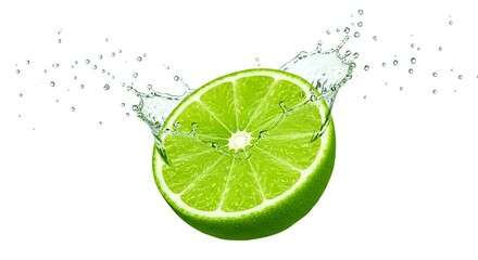 Mid-air lime slice with vivid splash and scattered water drops