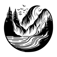 Black and white mountains and forest vector logo
