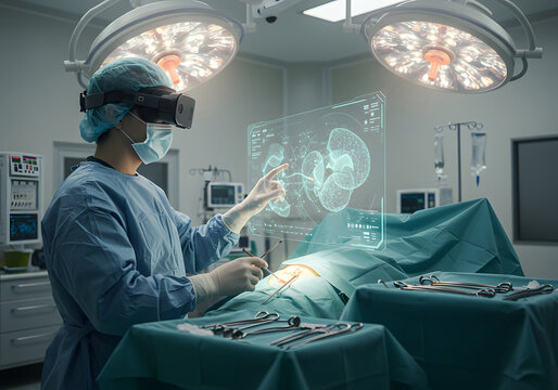 Surgeon Utilizing Augmented Reality (AR) in Operating Room for Surgical Procedures and Medical Innovation.