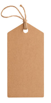 blank brown paper tag with jute string on white background
