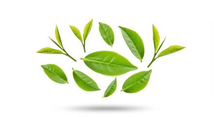 Floating Green Tea Leaves Arrangement on White Background