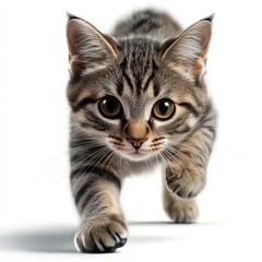 Obraz premium Adorable close-up of a gray tabby kitten walking towards the camera with expressive eyes and a curious demeanor against a clean white background