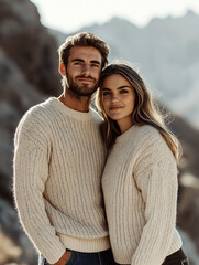 Young couple smiling together in cozy sweaters against mountains  