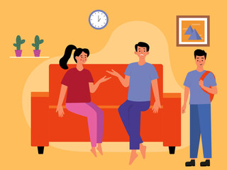 Mom and dad are sitting on the sofa waiting for their son to come from school illustration. Family illustration. Flat vector illustration concept.