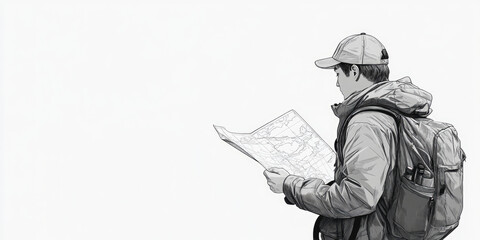 Black and white sketch of person with backpack reading document or map on white background with space to copy for travel blogs,student resources,reading and learning concepts.