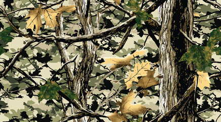 Real tree forest camouflage seamless pattern design pattern for hunting and military uniform. Hunting camouflage. Camo pattern