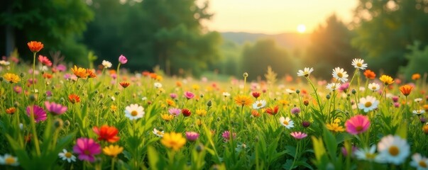 Lush Latvian meadow bursting with diverse wildflowers during the solstice , light, June