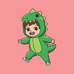 vector illustration of a cheerful little boy wearing a green dinosaur costume running happily on a pink background