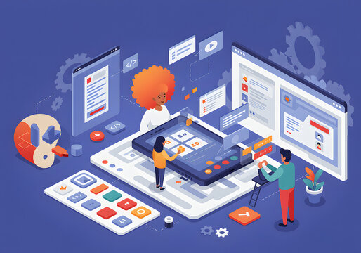 Mobile App Development and Design Team Working Together, Website Interface, Software Development, Technology and Business.